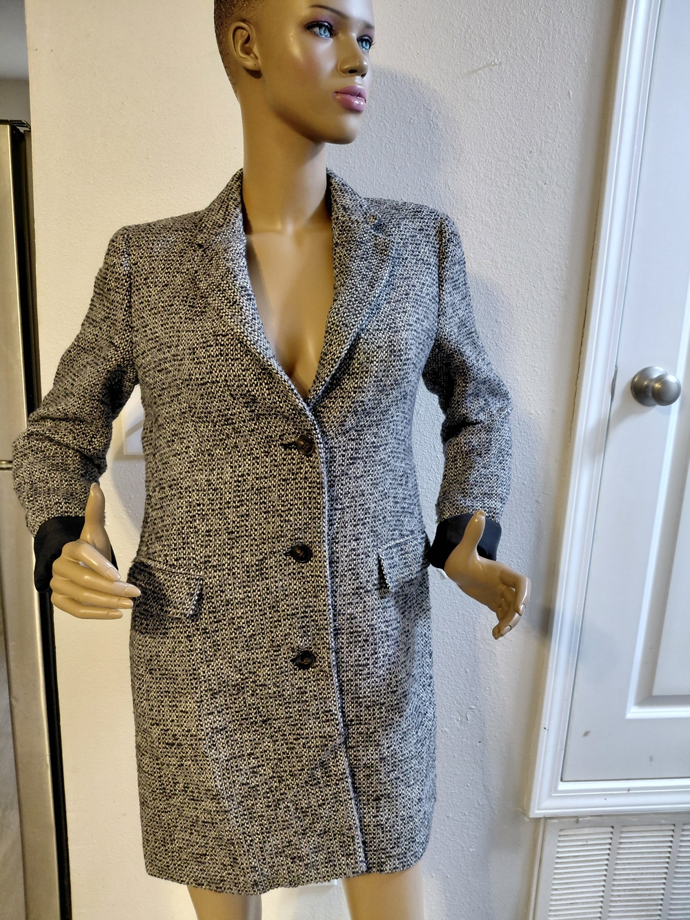 Womens Grey Tweed Long Blazer Coat